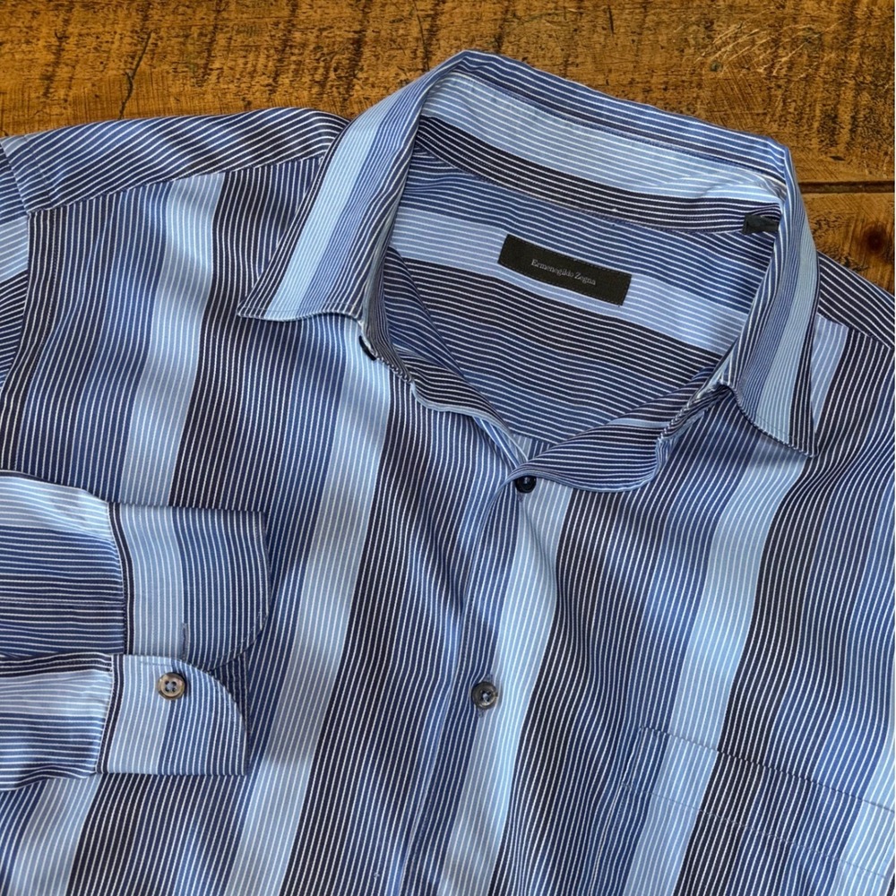Ermenegildo Zegna Mens Blue Black Striped Cotton Button Down Dress Shirt Large
